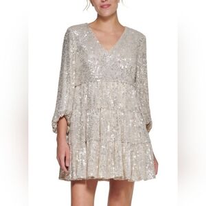 Eliza J Sequin Tiered Balloon Sleeve Cocktail Dress: Silver Sequin: Size- 8